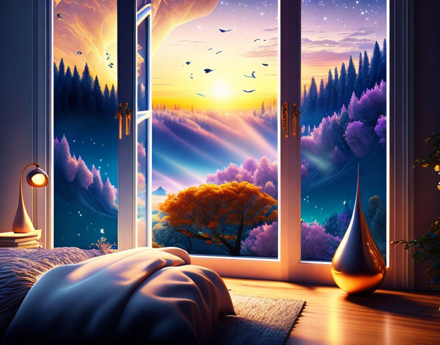 Tranquil bedroom view of vibrant sunset over lush forest