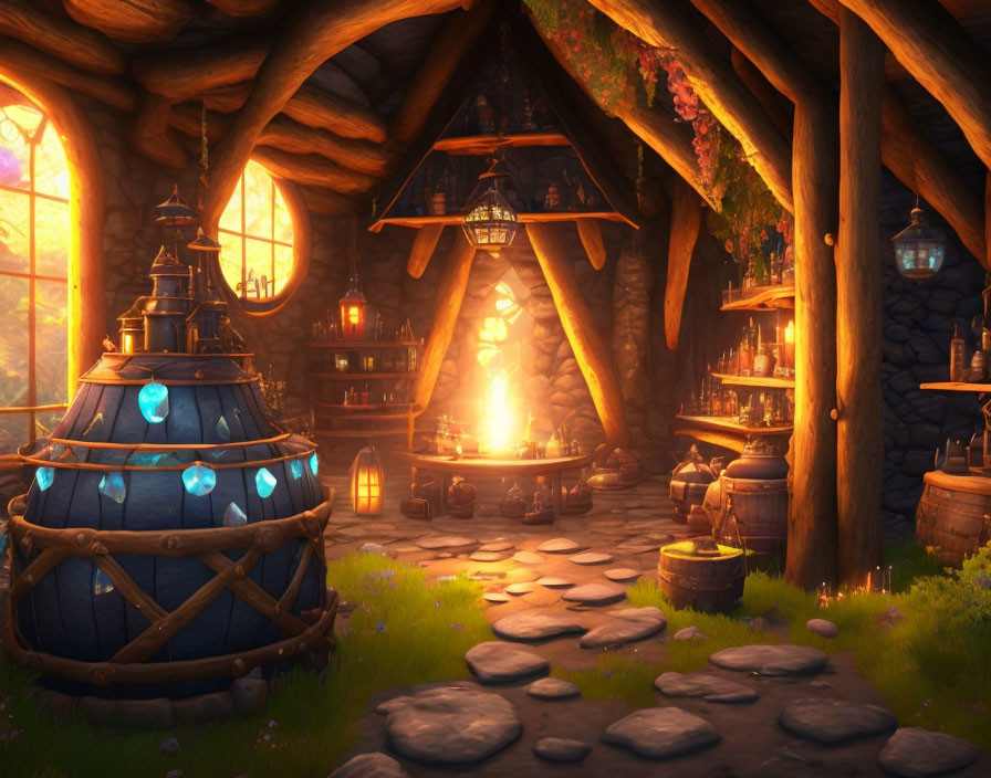 Fantasy Cottage Interior with Hearth, Potion Bottles, Cauldron