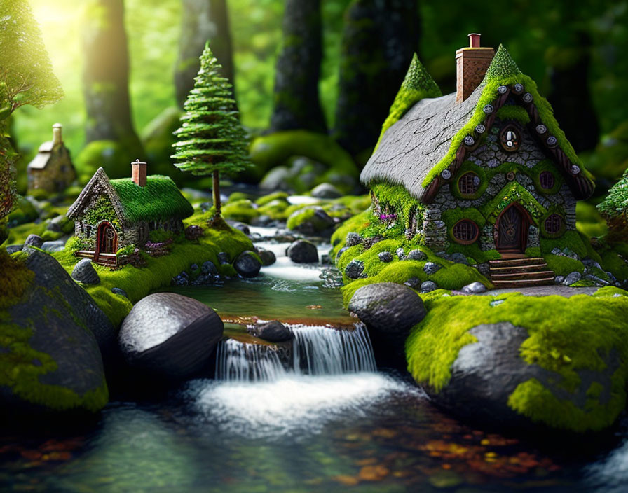 Miniature fairy-tale houses in moss-covered forest with stream.