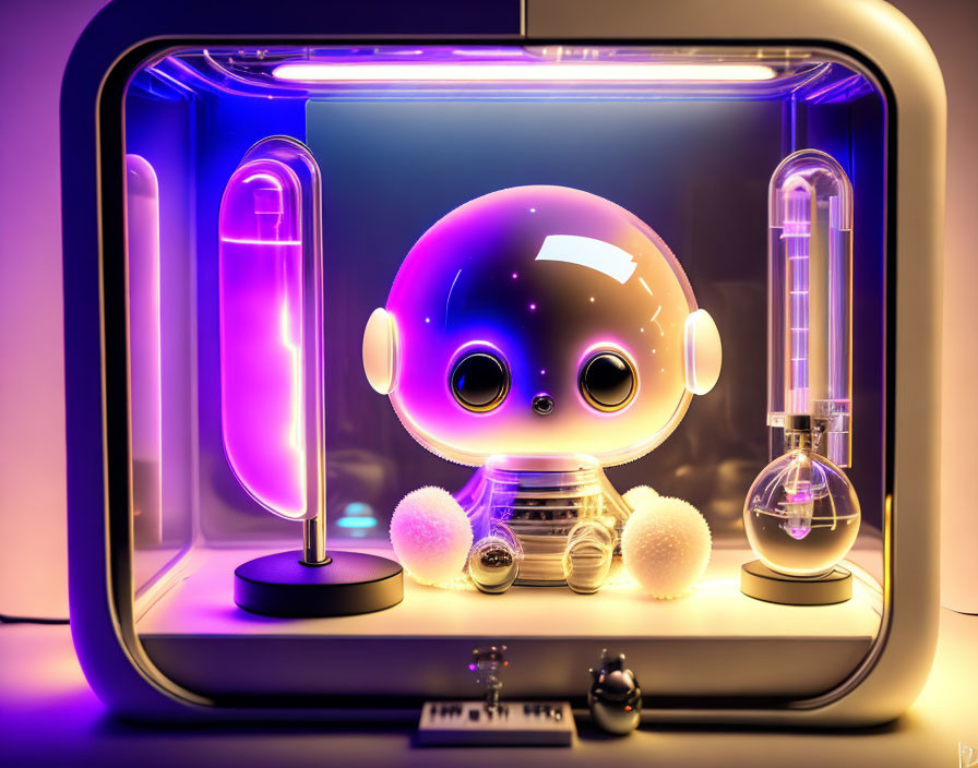 Stylized robot in futuristic chamber with neon lights