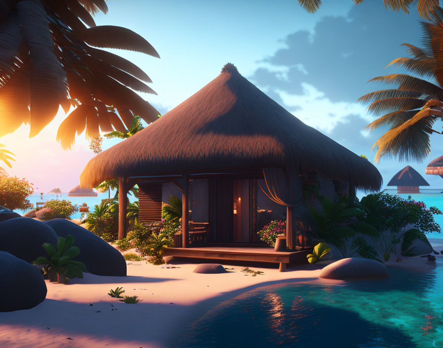 Thatched roof tropical beach hut on sandy shore with palm trees