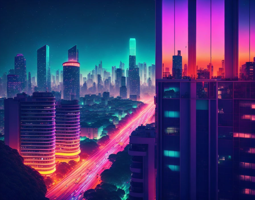 Colorful dusk cityscape with neon lights, skyscrapers, and busy traffic.