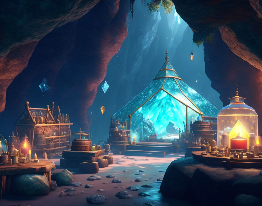 Mystical cave with glowing crystals, lanterns, and central glass structure in rocky setting