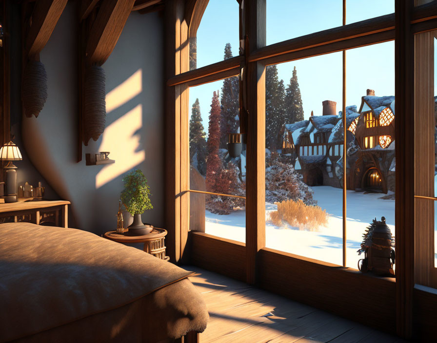 Traditional houses and snowy landscape viewed through a large window in cozy interior