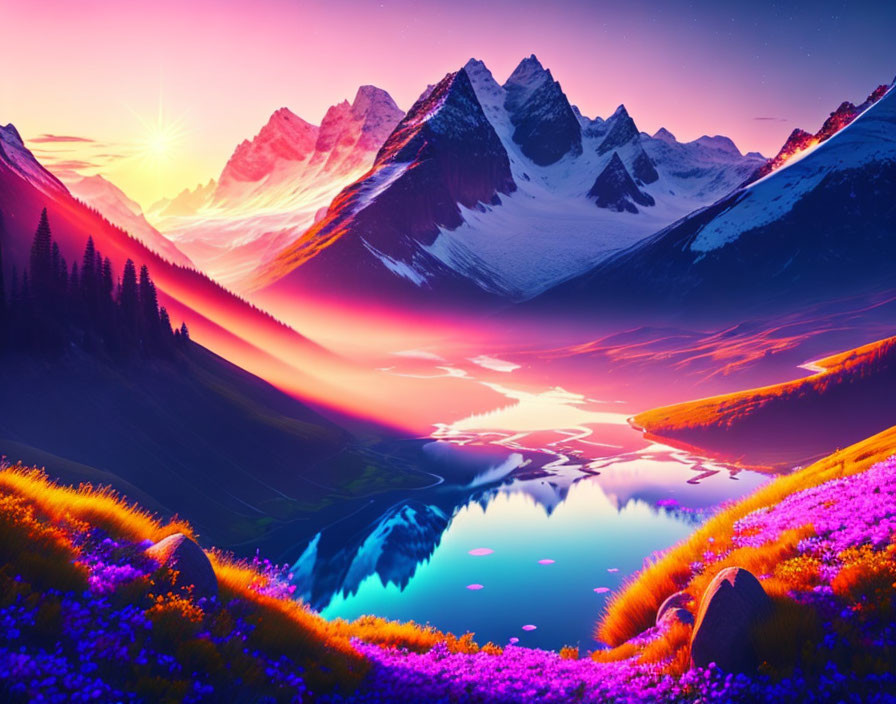 Colorful digital artwork: Mountain landscape at sunset with river and flowers
