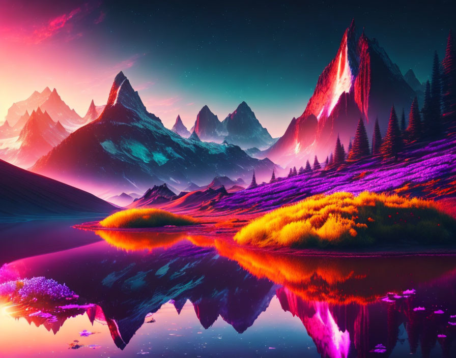 Colorful Twilight Landscape with Illuminated Mountains and Reflective Lake