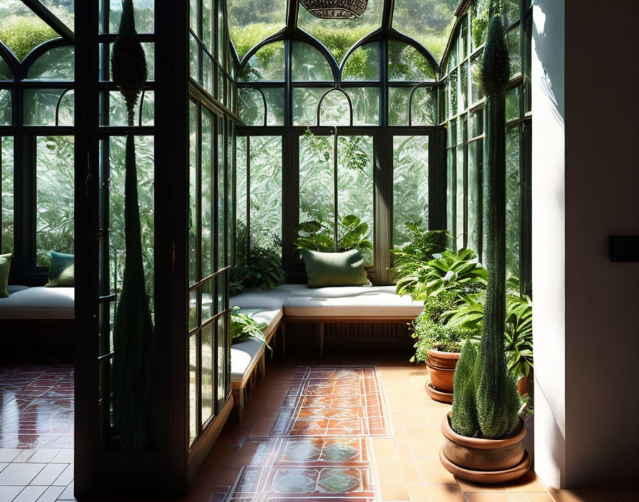 Bright conservatory with terracotta tiles, green plants, and cozy seating.