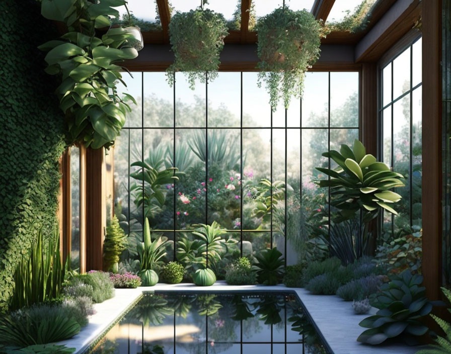 Indoor garden with hanging plants, large windows, and reflecting pool