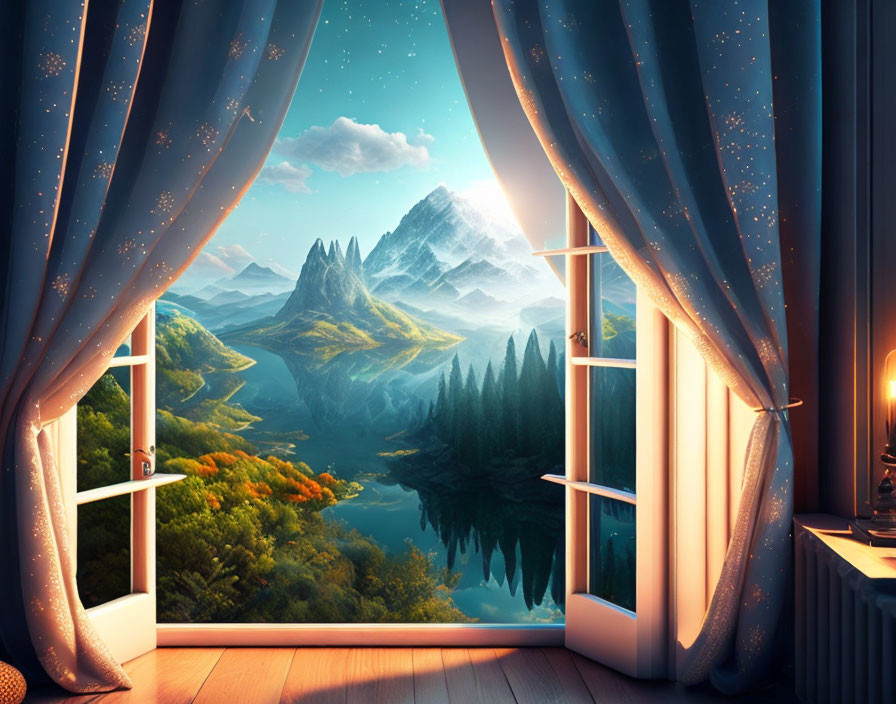 Scenic view of mountains, river, and trees through open window