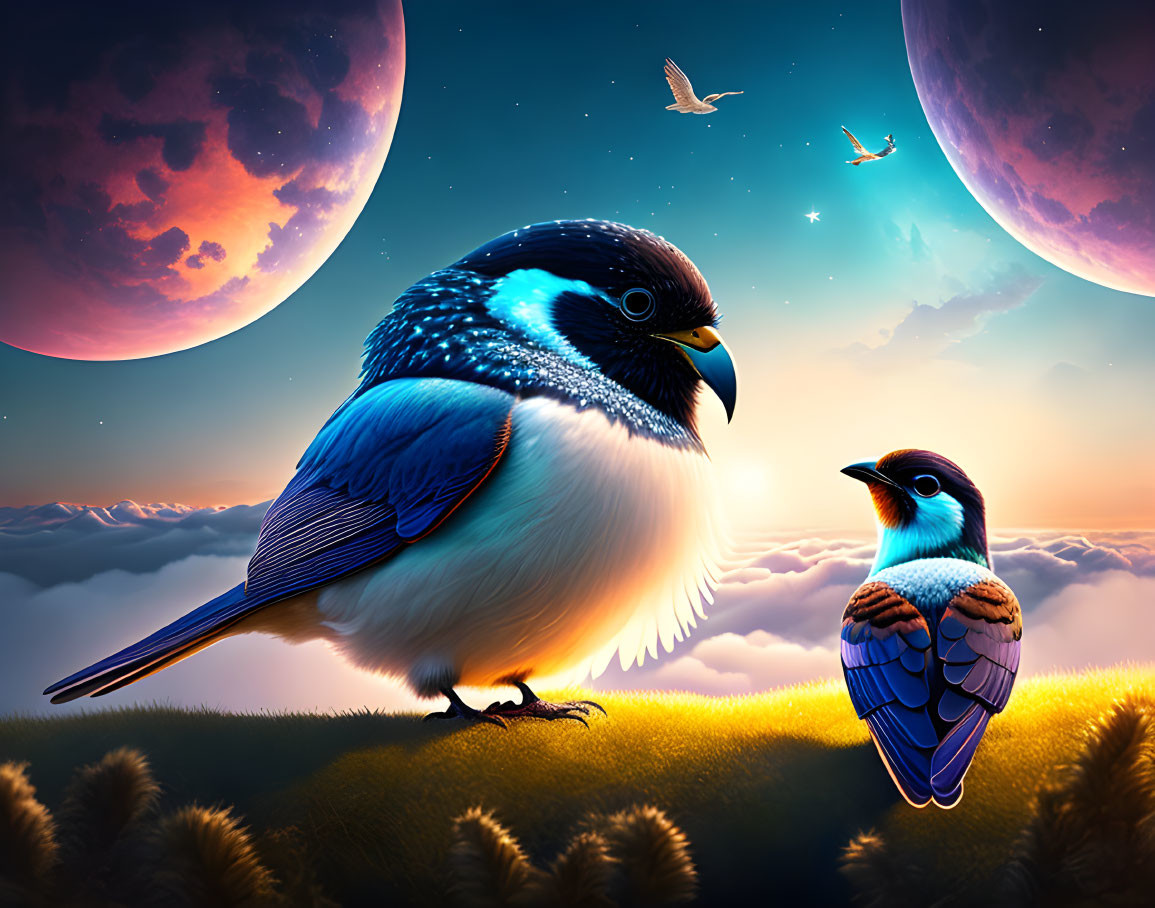 Colorful birds on grassy hill under dusk sky with moons & flying bird