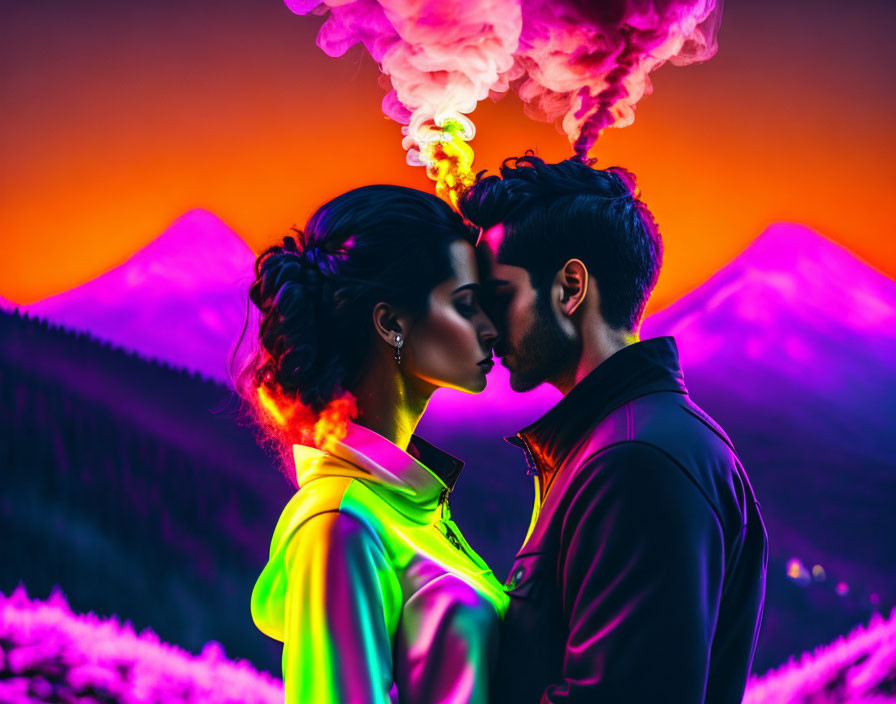 Couple about to kiss with colorful smoke against sunset mountains