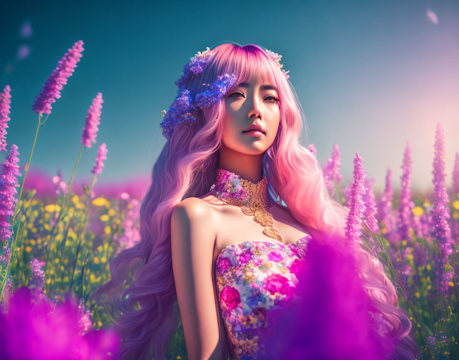 Woman with Pink Hair in Floral Dress Surrounded by Purple Flowers