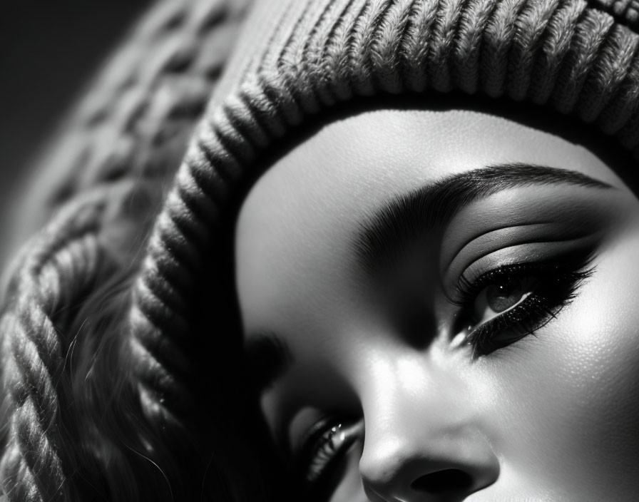 Close-Up Portrait of Person in Knitted Beanie with Dramatic Eye Makeup