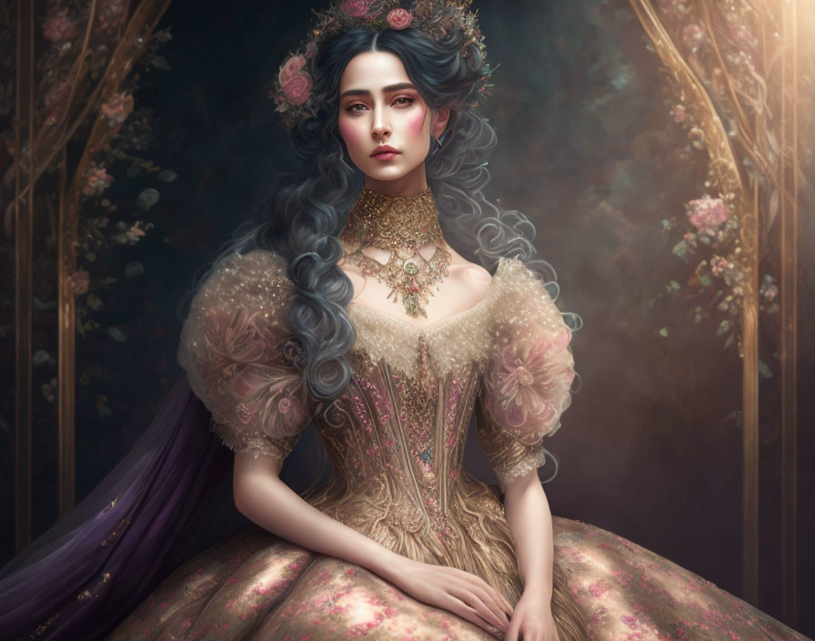 Victorian woman in golden dress with purple shawl and floral crown in mystical setting