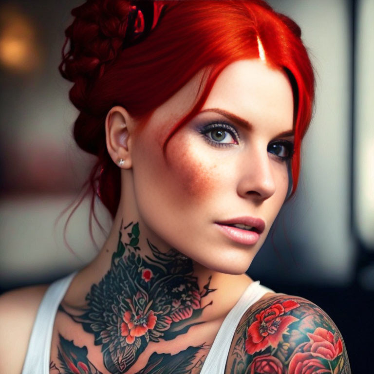 Red-haired woman with blue eyes and floral tattoos on neck and arm looking at camera