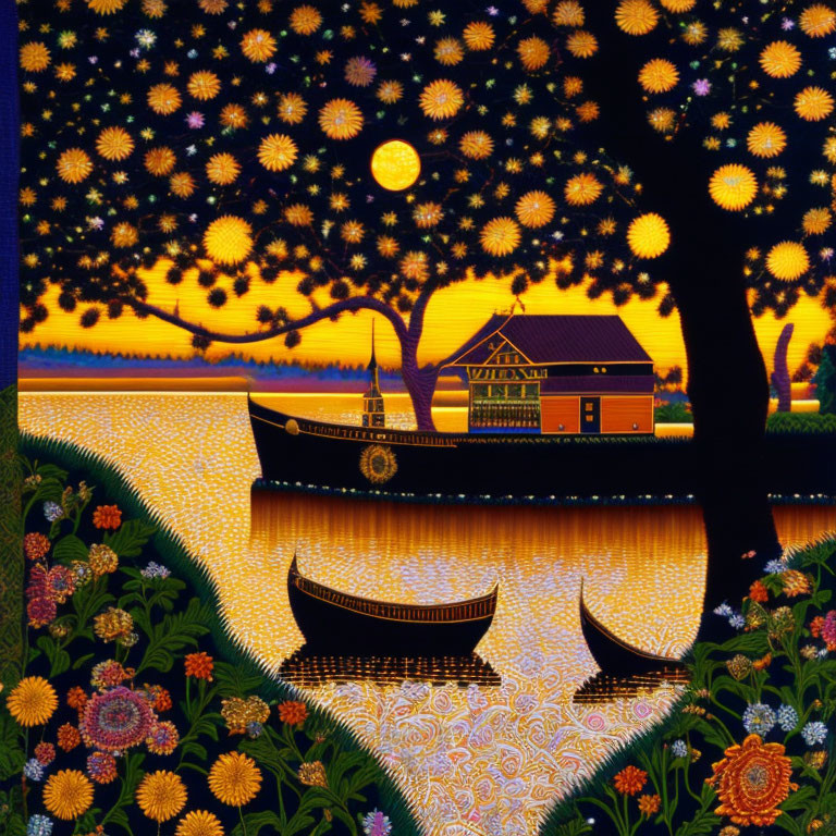 Colorful stylized painting of nocturnal riverscape with boats, house, tree, and starry