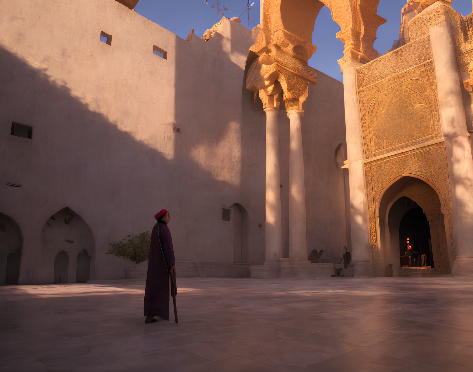 Traditional Attire Figure in Ornate Sunlit Courtyard