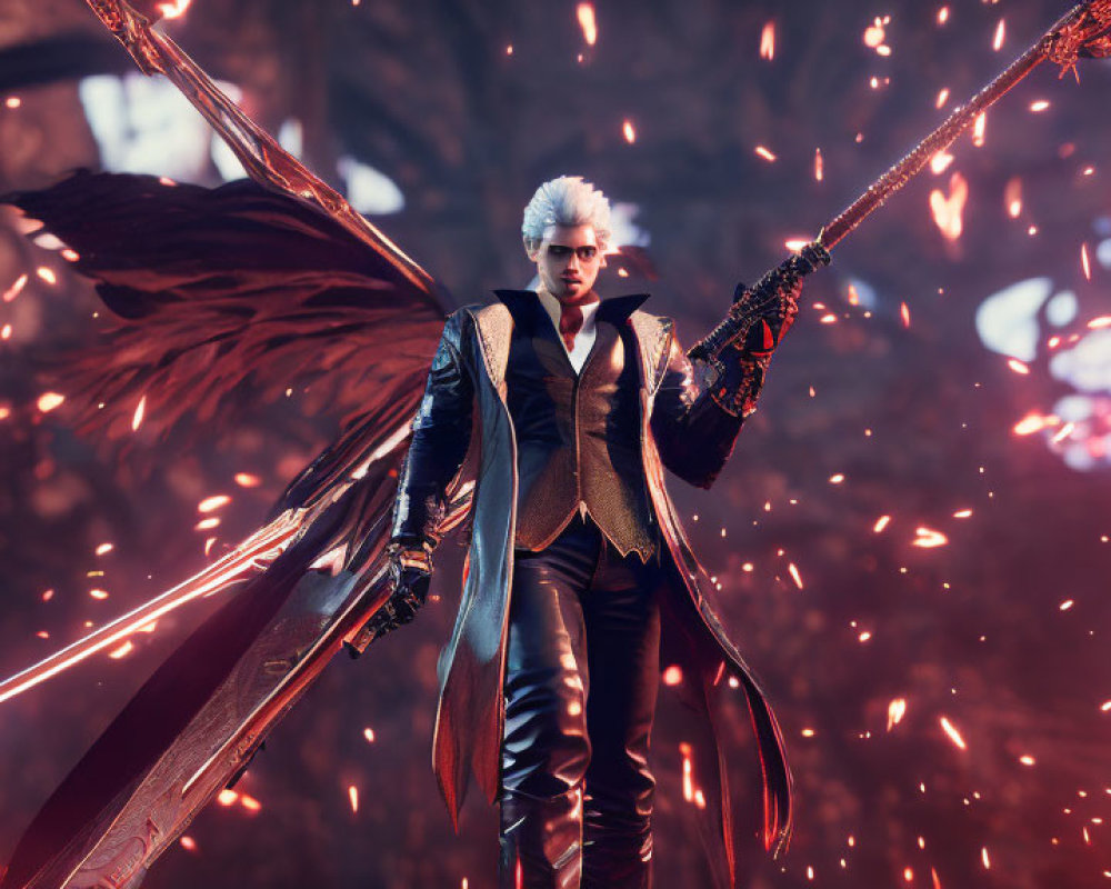 Silver-Haired Character with Black Wings Holding Staff in Dark Fantasy Setting