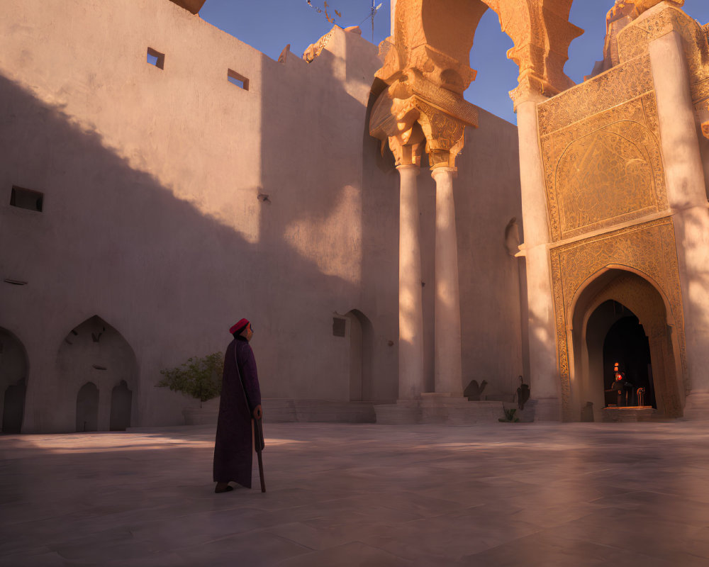 Traditional Attire Figure in Ornate Sunlit Courtyard