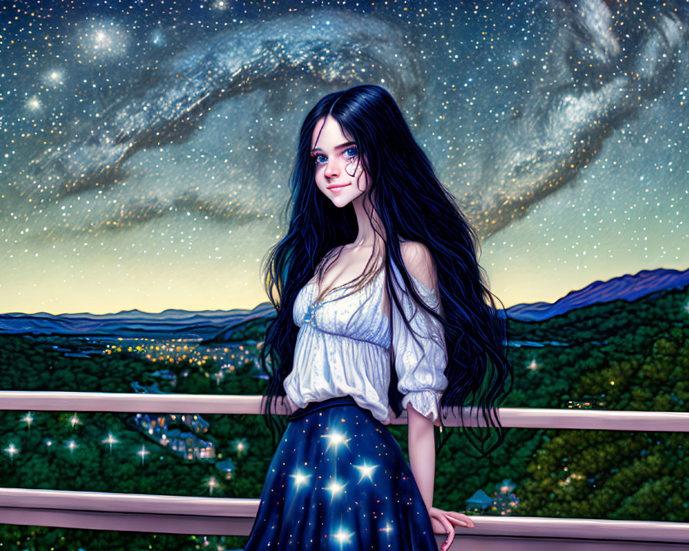 Illustrated girl with long black hair on balcony at night overlooking starry sky and town.