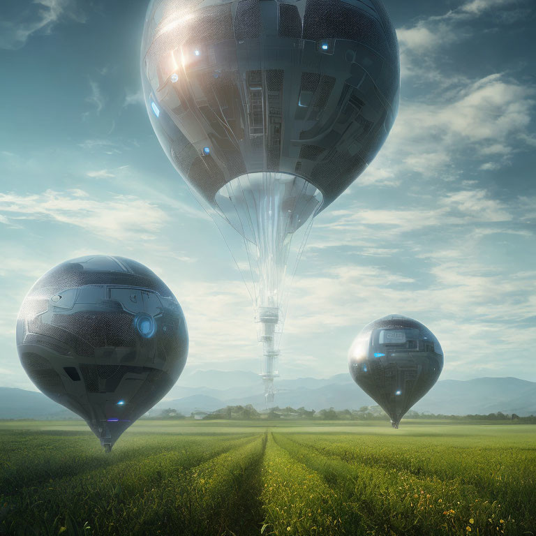 Three high-tech futuristic hot air balloons over serene landscape