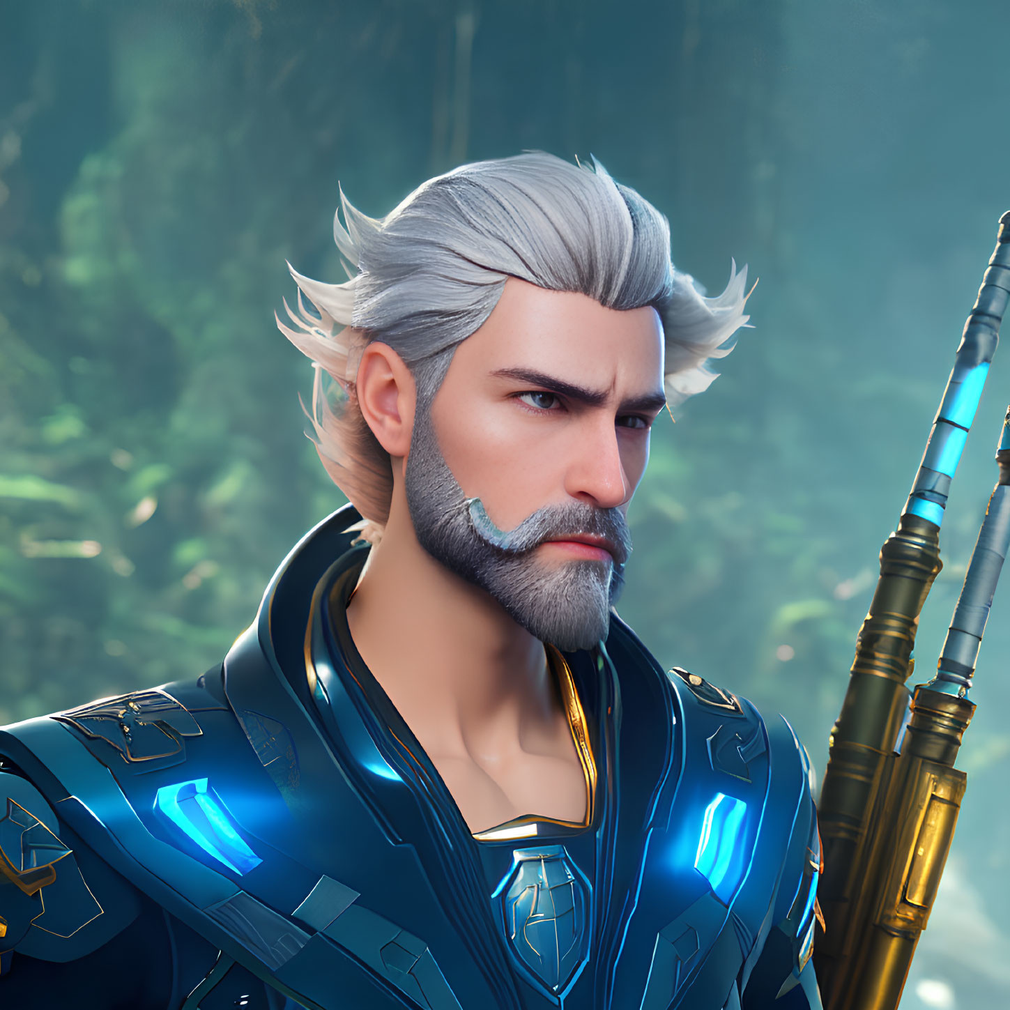 Silver-Haired Male Character in Blue Armor with Staff in Forest Setting