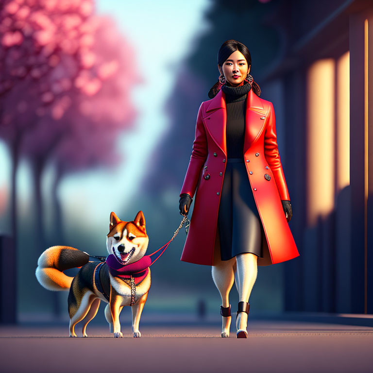 Stylish woman with Shiba Inu on tree-lined path at dusk