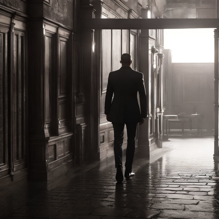 Silhouette of person walking in dimly lit corridor with sunbeams.