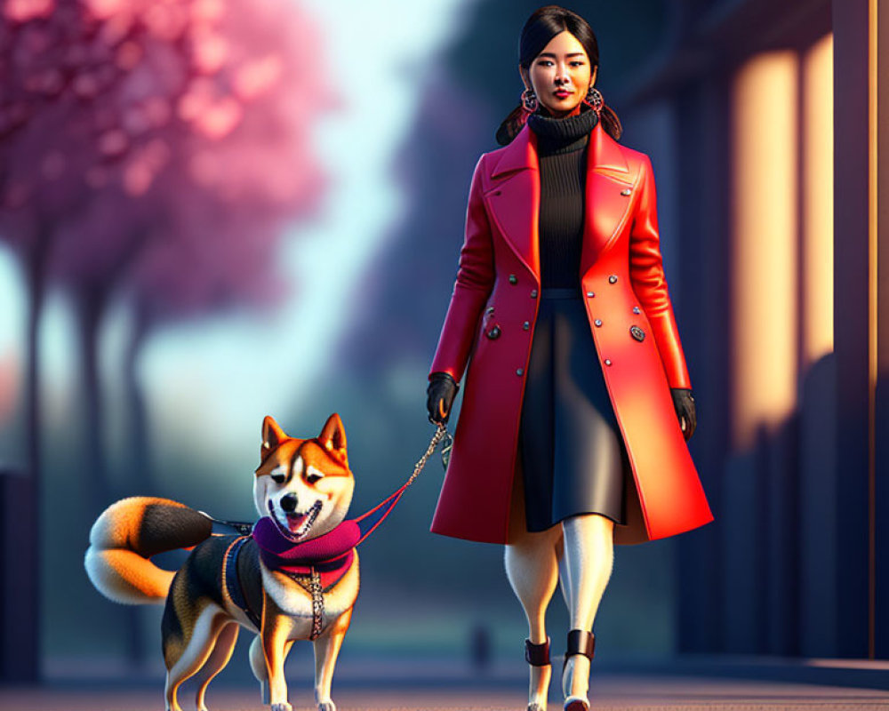 Stylish woman with Shiba Inu on tree-lined path at dusk