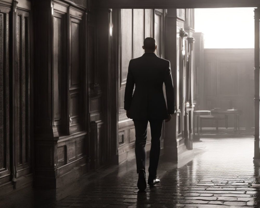 Silhouette of person walking in dimly lit corridor with sunbeams.