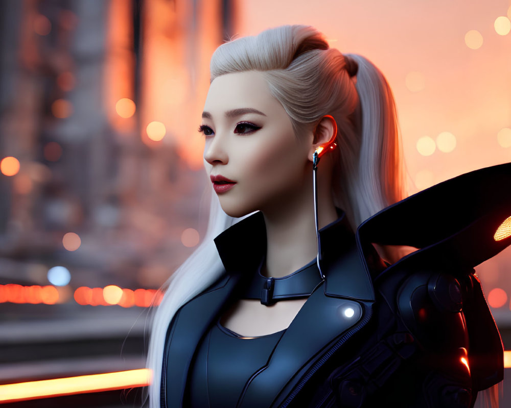 Blonde woman in futuristic armor against cityscape at dusk