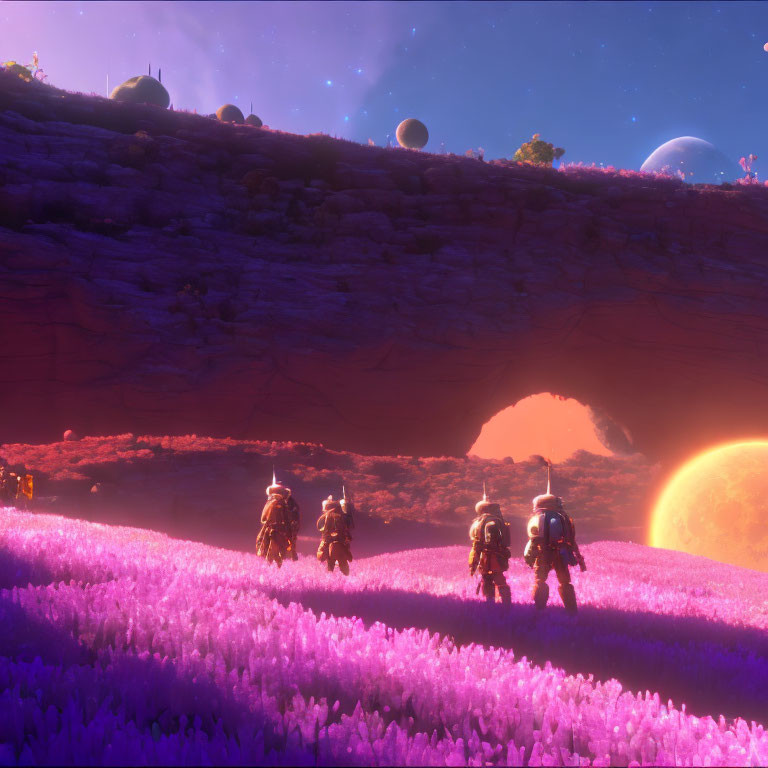 Astronauts on vibrant purple alien landscape with orange planet horizon