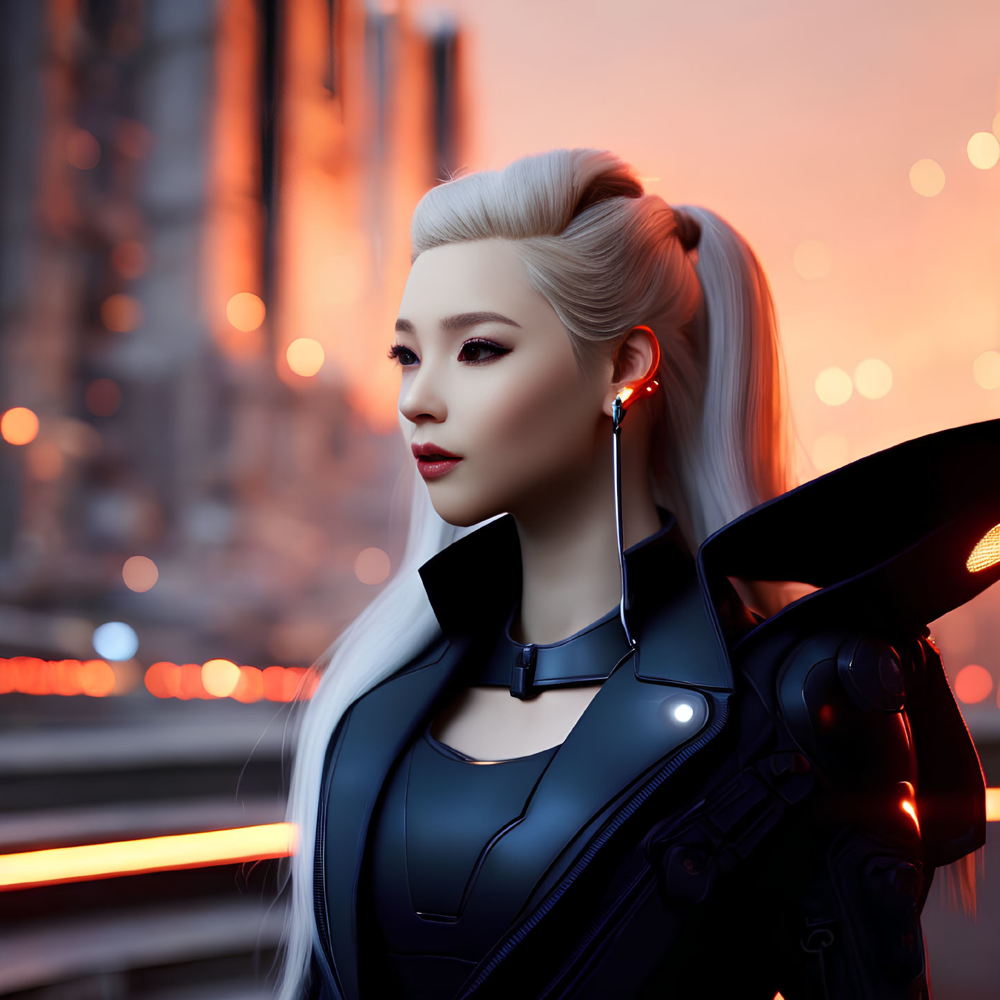 Blonde woman in futuristic armor against cityscape at dusk