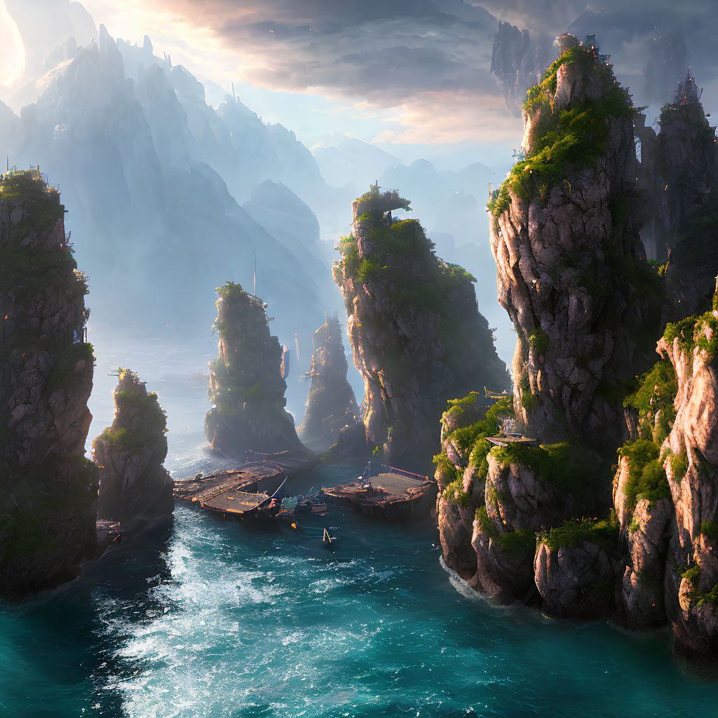 Fantasy landscape with towering rocks, greenery, calm sea, docks, and sailing boat