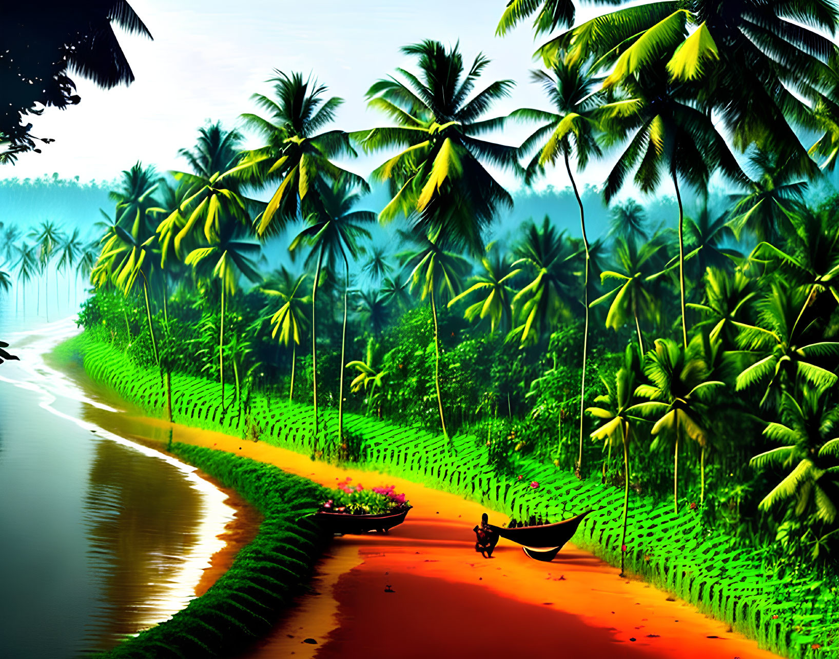 Tranquil tropical river with lush palm trees and boat reflection