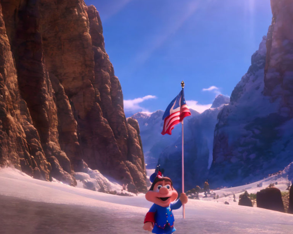 Patriotic animated character in snowy mountain pass with flag