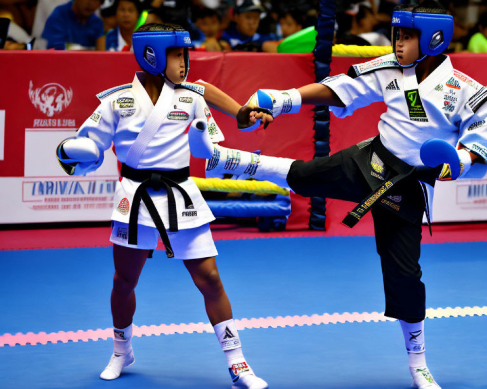 Taekwondo athletes sparring in blue gear with spectators watching