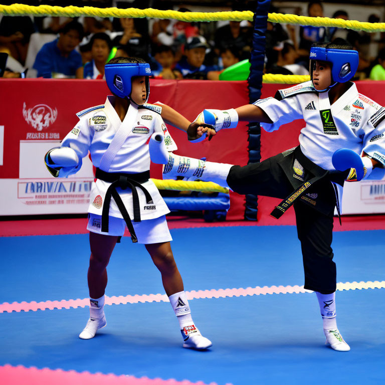 Taekwondo athletes sparring in blue gear with spectators watching