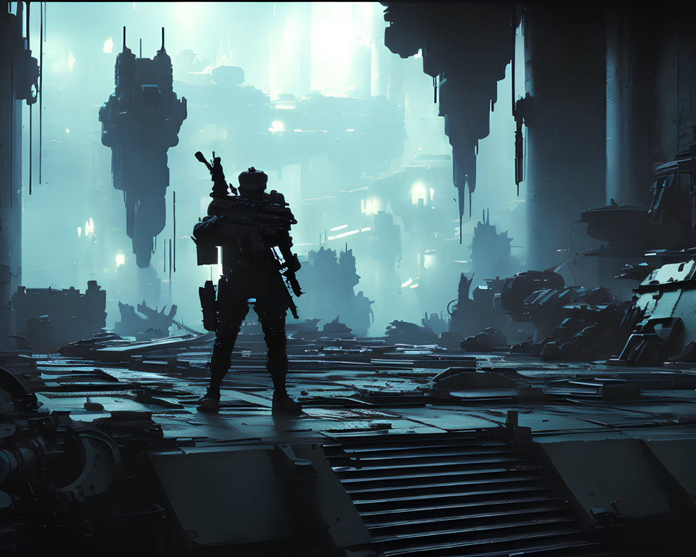 Lone figure in futuristic cityscape with towering structures and falling debris