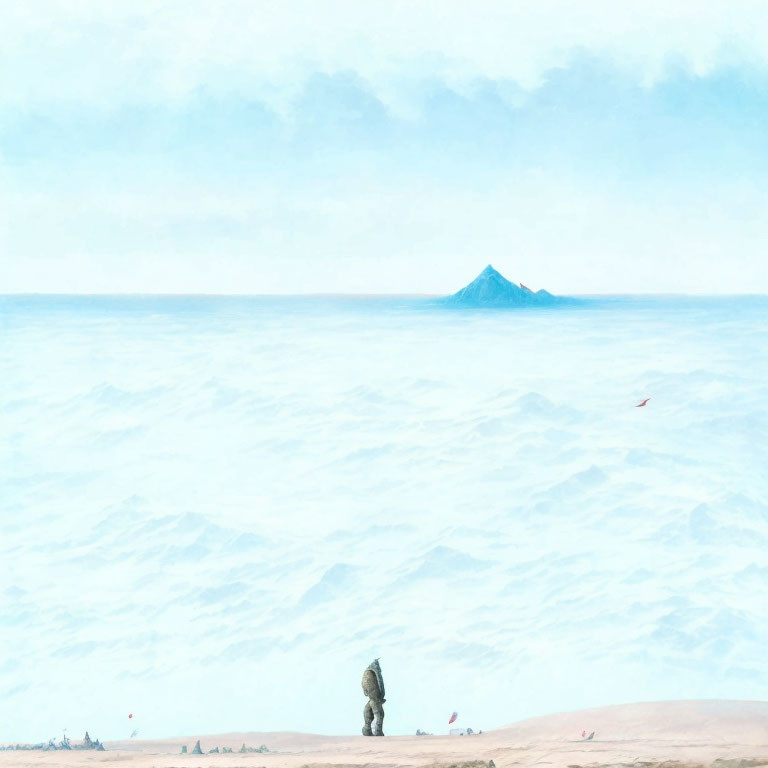 Person sitting on cliff overlooking vast sea and lone mountain under pale blue sky.