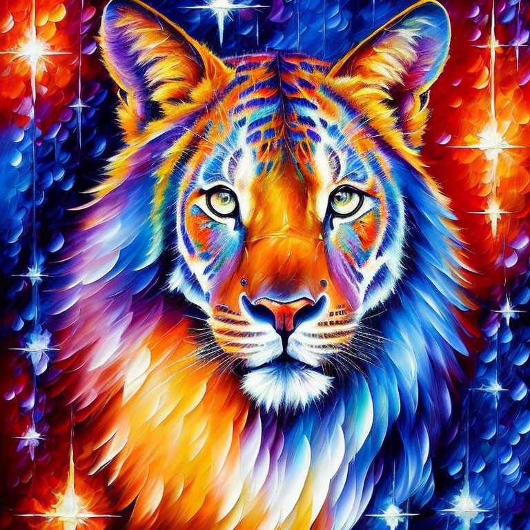 Colorful Tiger Face Painting with Blue, Orange, and Purple Hues