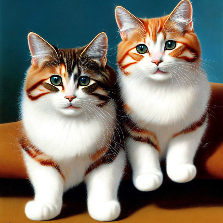 Two Cats with Green Eyes and Colorful Fur on Blue Background