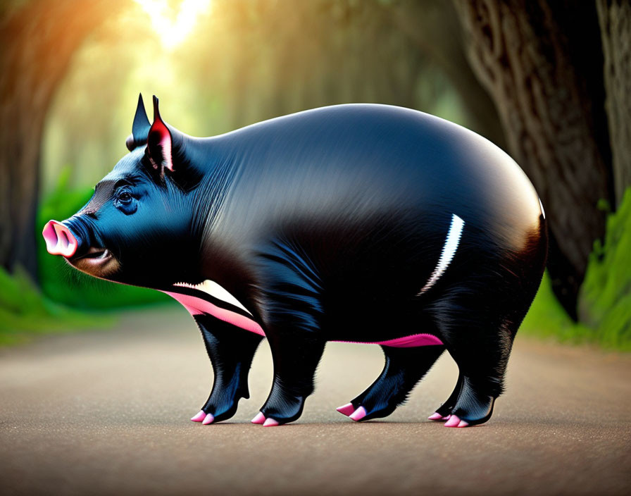 Stylized pig with pink and white markings in forest setting