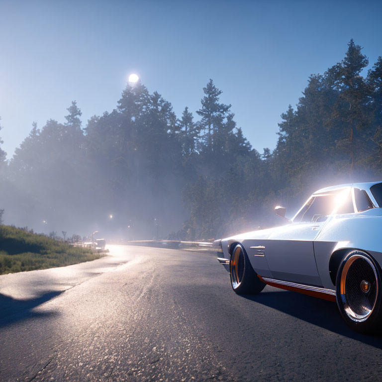 Vintage muscle car in serene forest setting with mist and low sun: A tranquil morning scene