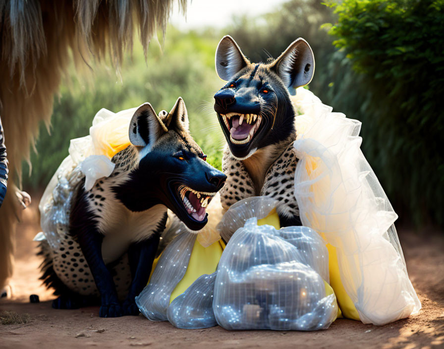 Exaggerated smiling hyenas in tulle fabric in surreal setting