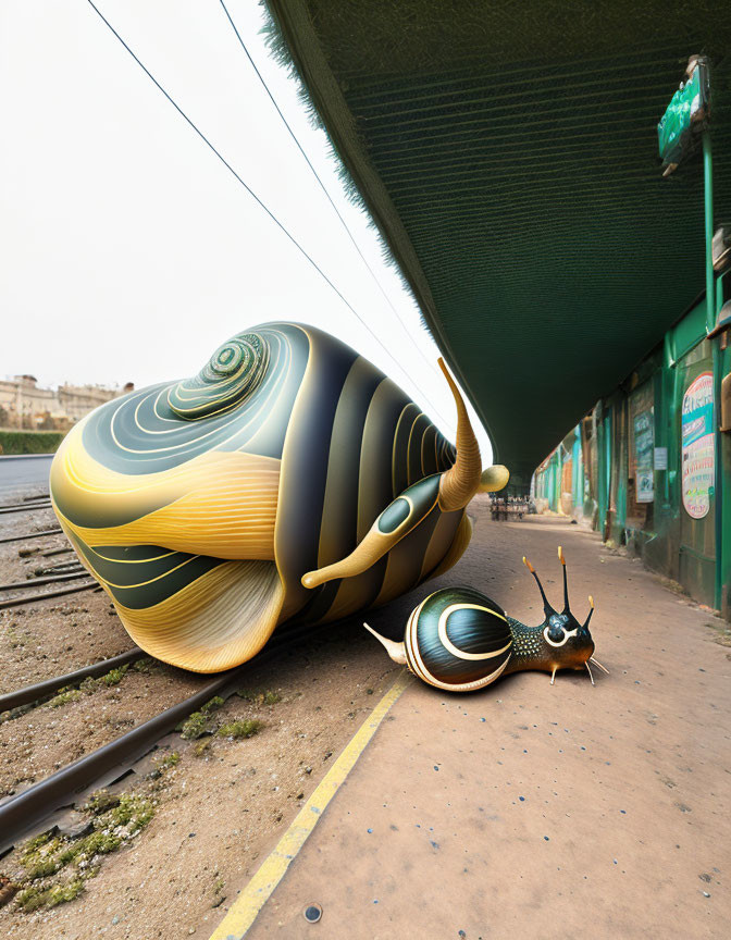 Digitally-manipulated image: Oversized snails with patterned shells invade urban train station.