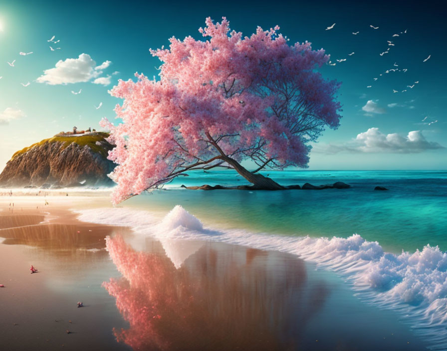 Cherry blossom tree over serene beach with reflection, birds, and hill