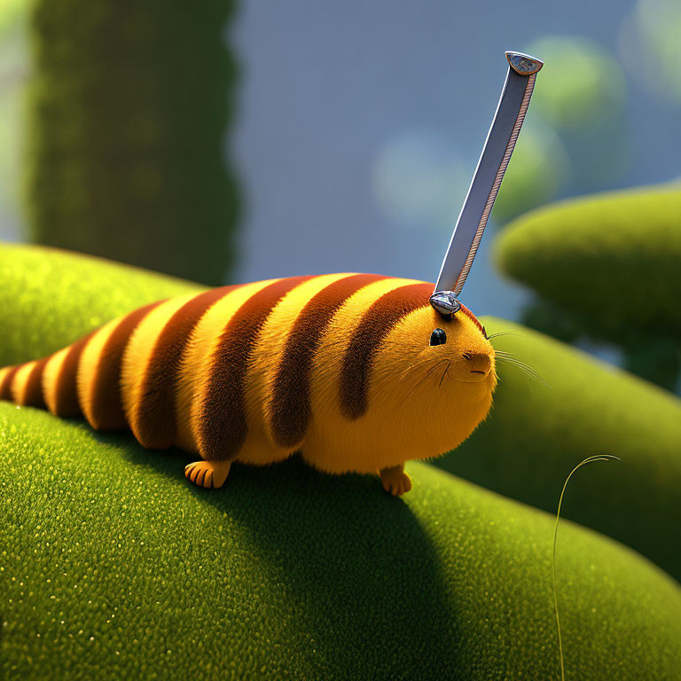 Colorful animated caterpillar with samurai sword on green leaf