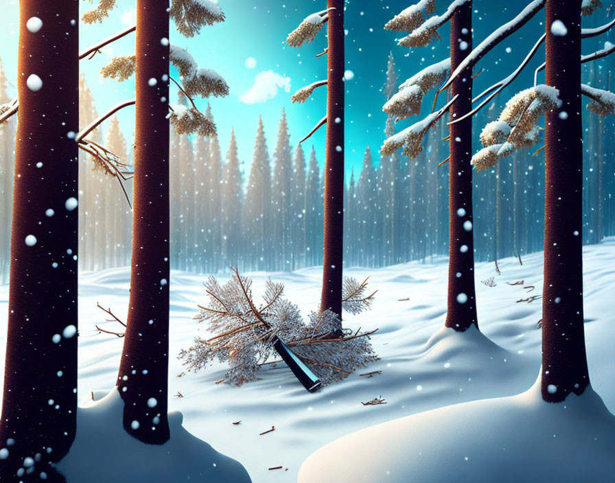 Winter forest scene with tall trees, falling snowflakes, and buried book