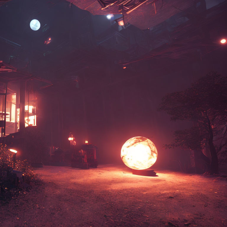 Moody industrial scene with illuminated spherical object and night ambiance